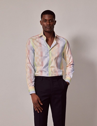 2Картинка Рубашка Brandon Blue & Yellow Multi Check Slim Shirt-High Collar