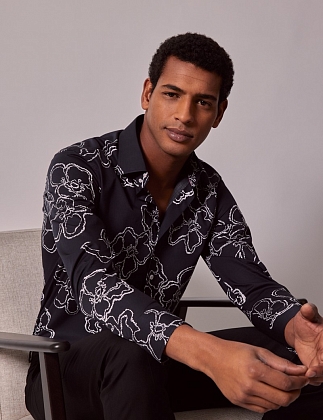 3Картинка Рубашка Brandon Navy & White Floral Slim Diamond Weave Shirt - Mid-Collar