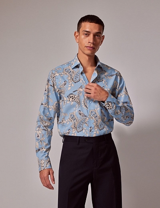 2Картинка Рубашка Hawes & Curtis Piccadilly Blue & Cream Bird Print Slim Shirt